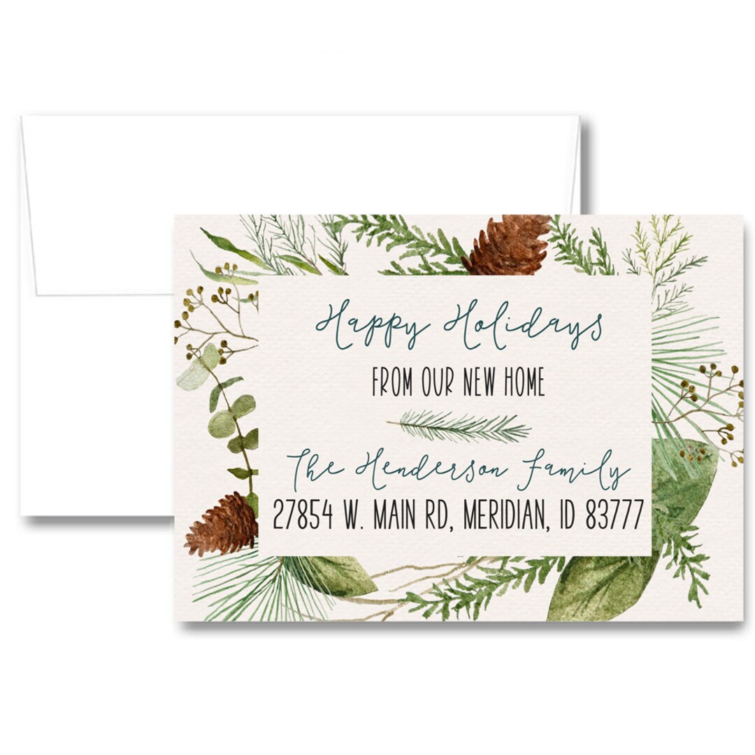 Happy Holidays from our new home address card, pine cone greenery we've moved stationery, Christmas moving card | MakerPlace by Michaels happy-holidays-from-our-new-home-address-card-pine-cone-greenery-we-ve-moved-stationery-christmas-moving-card-makerplace-by-michaels